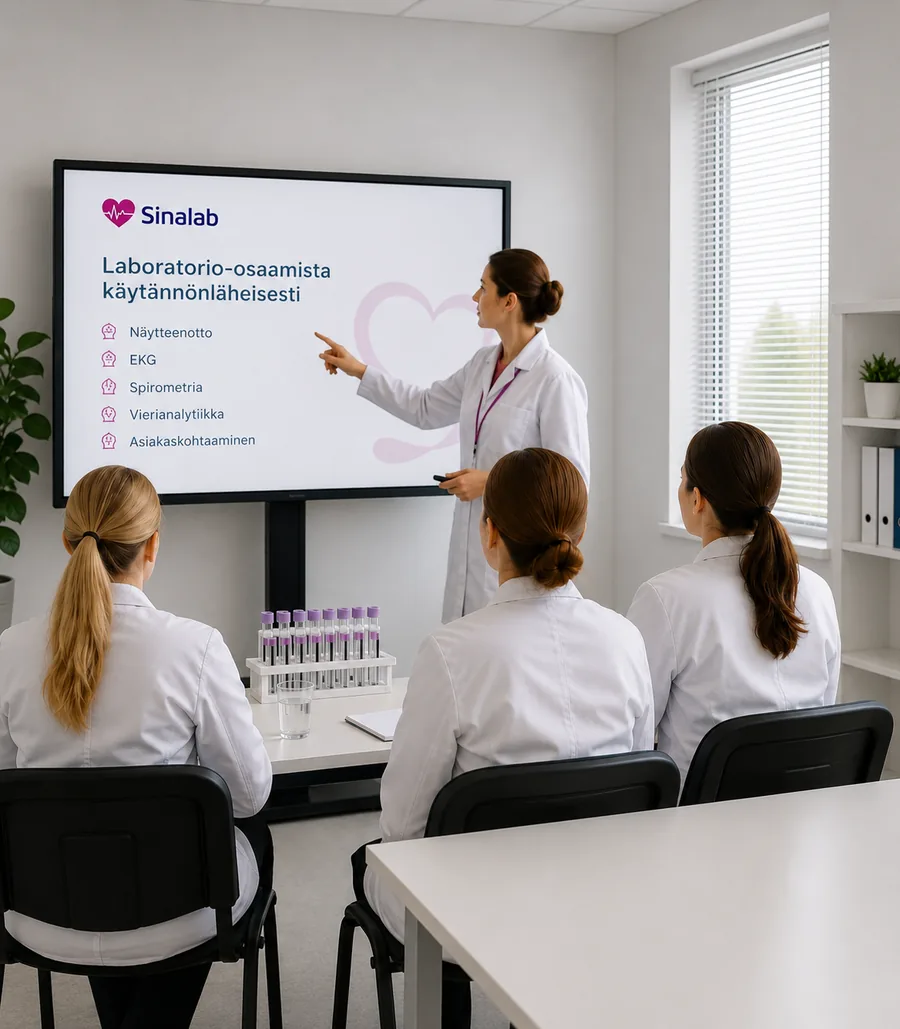 Laboratorioalan kouluttaja opastamassa terveydenhuollon ammattilaisia